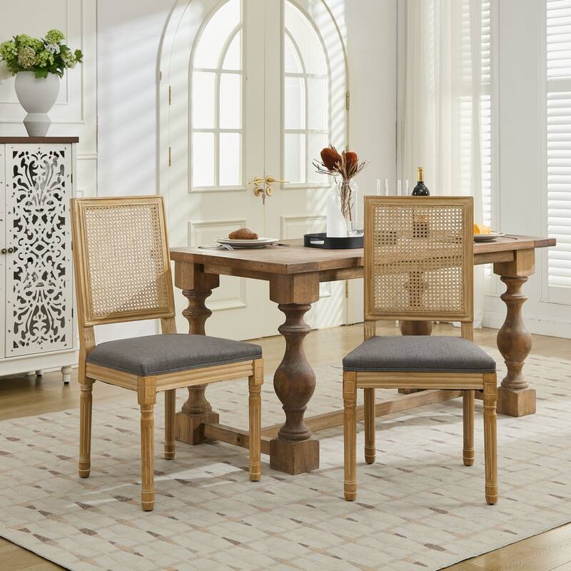 French Decor Chairs Set of 2, Louis Dining Chairs with Square Rattan Backrest and Exquisitely Carved Solid Wood Frame - Grey