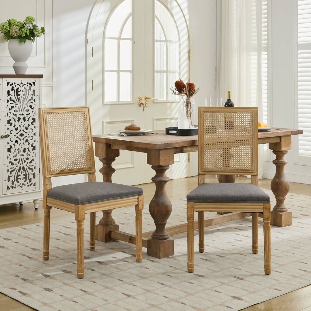 Modern 2 Piece Linen Dining Chairs with Square Rattan Backrest, Upholstered for Dining Room Kitchen Dressing Table Living Room