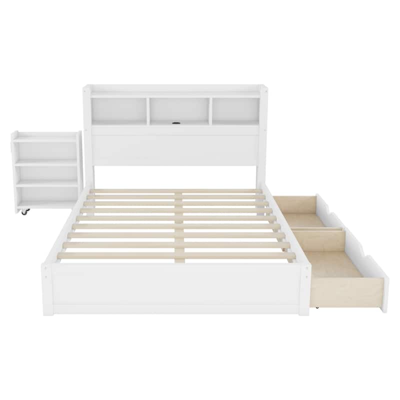 Full Size Bed with Drawers, Wood Full Bed with Storage Headboard and Pull Out Storage Cabinet, Wood Bed with Light and Socket