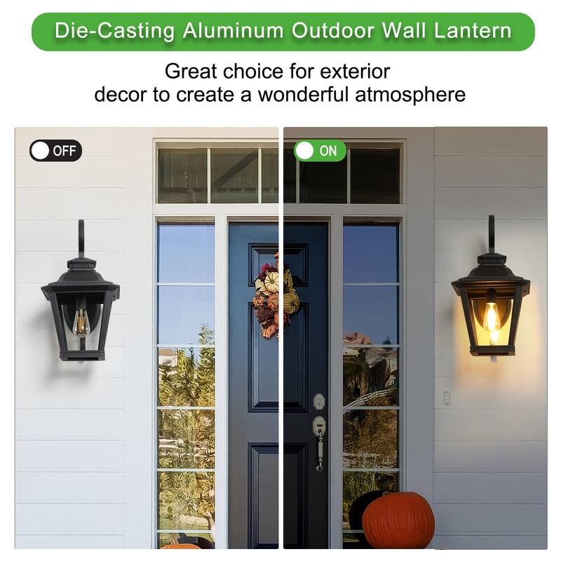 Large Outdoor Black Metal Exterior Wall Lantern Sconce Light with Glass Shade