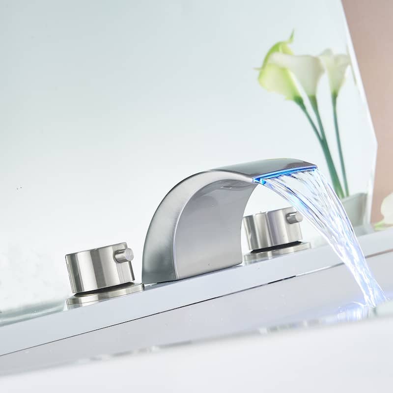 LED Waterfall Widespread Polished Nickel Bathroom Faucet - Nickel