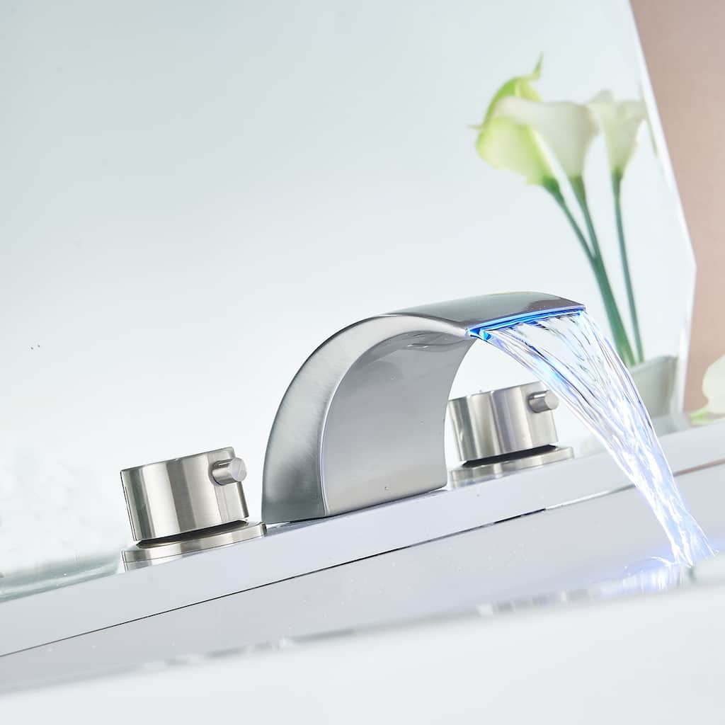 LED Waterfall Widespread Polished Nickel Bathroom Faucet