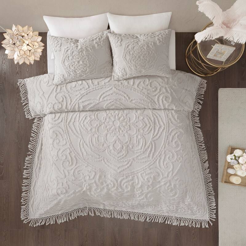 Madison Park Virginia Cotton Chenille Medallion Fringe Coverlet Set