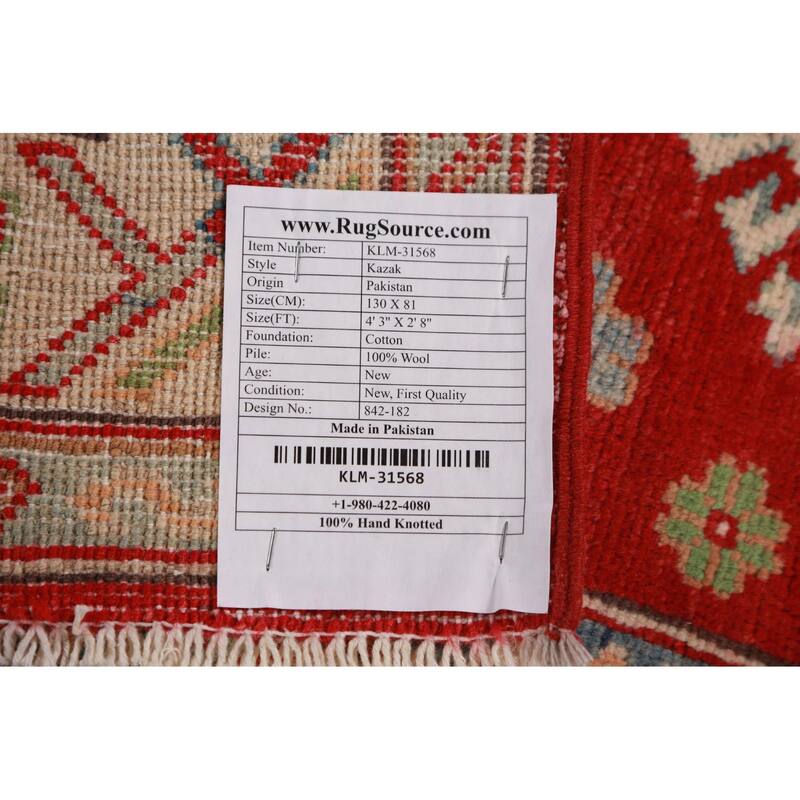 Red Kazak Foyer Rug Handmade Traditional Geometric Wool Carpet - 2'8"x 4'3"