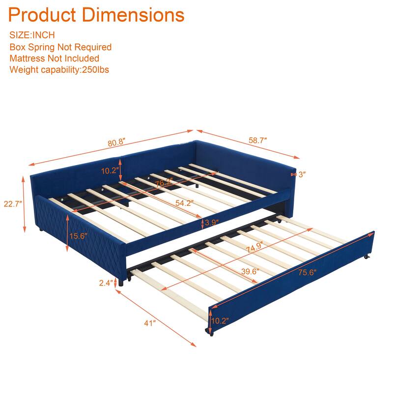 Full Size Daybed with Twin Trundle Bed, Velvet Upholstered Daybed L-shaped Slats Bed Frame Built-in USB Port with Diamond Grid