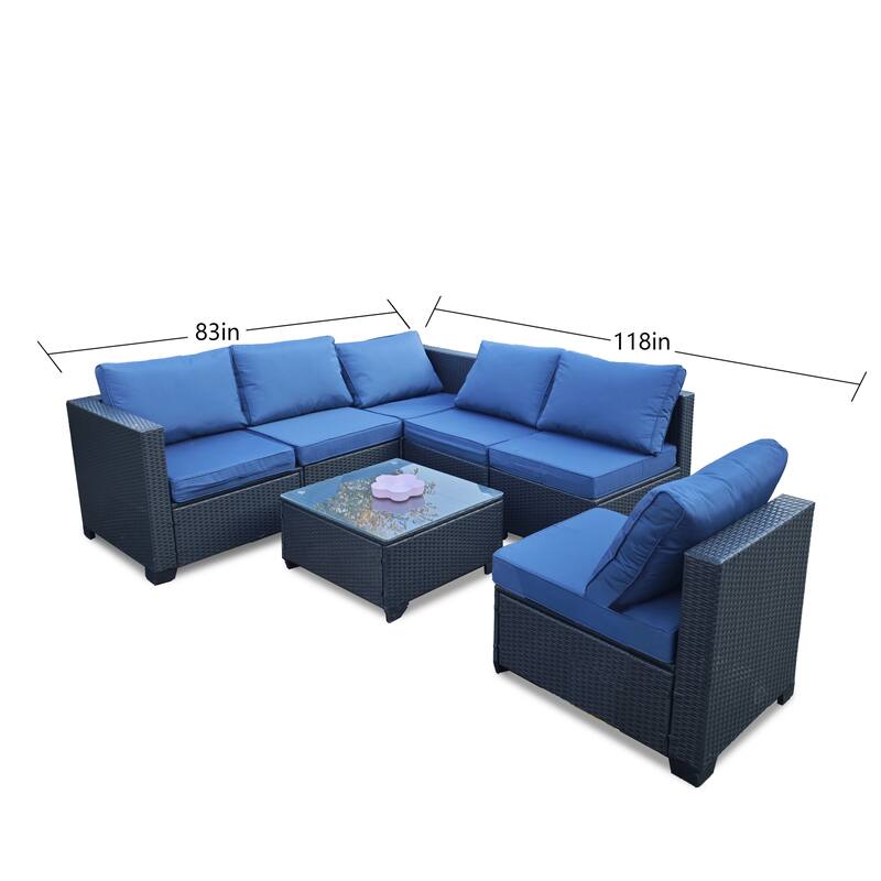 Seven-Piece Sofa Set Table With Sofa Chair Black PE Rattan Outdoor Furniture With Blue Color Cushion