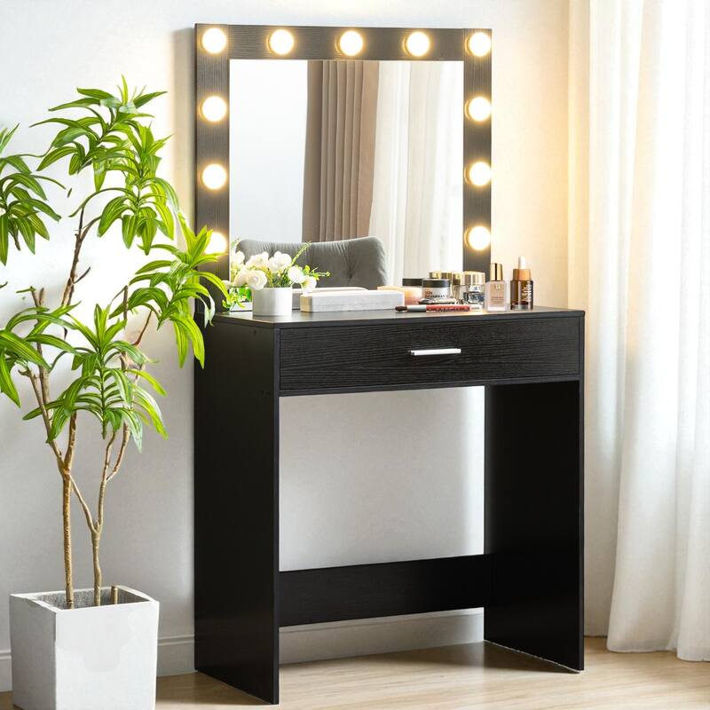 Makeup Vanity Desk with Mirror and LED Lights, Large Drawer, Adjustable Brightness and Storage Shelf