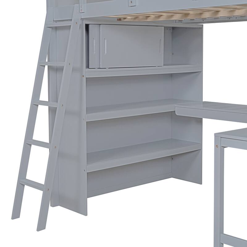 Full Size Loft Bed with L-shape Desk and Bookcase, Wooden Bed