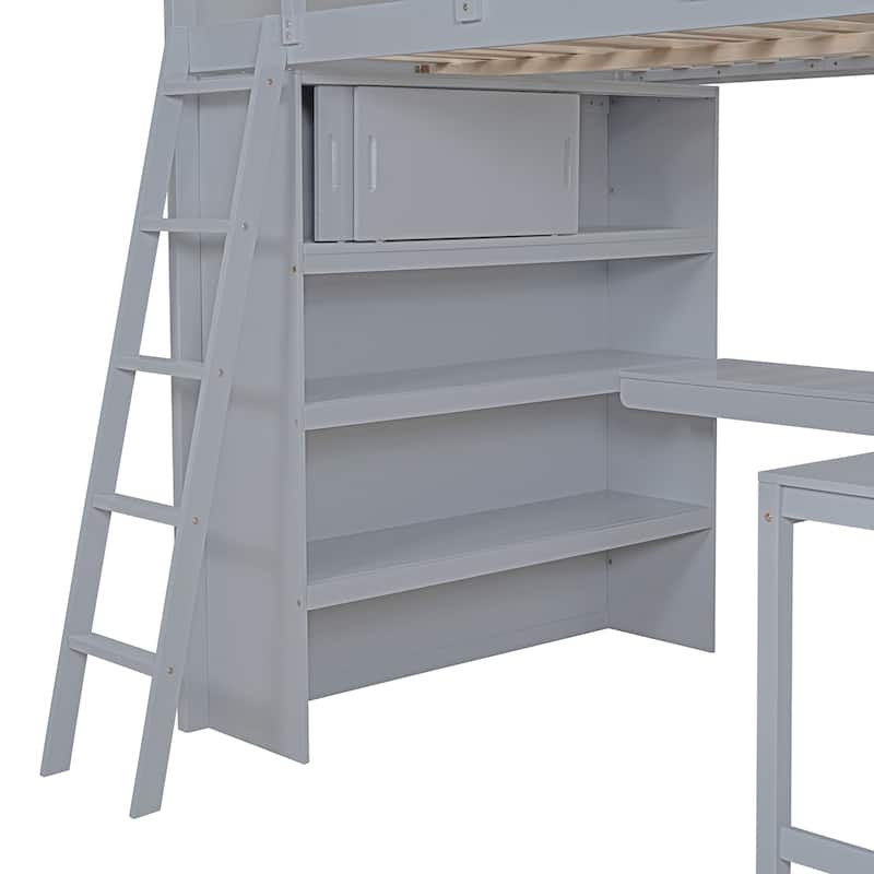 Gray Full Size Solid Wood Loft Bed with Desk and Shelf for Kids