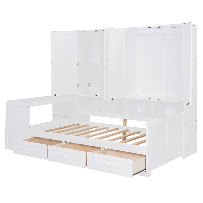 Modern Twin Daybed with All-in-One Cabinet, Desk Wooden Daybed Sofa Bed Frame with 3 Drawers, Multi-Functional Headboard