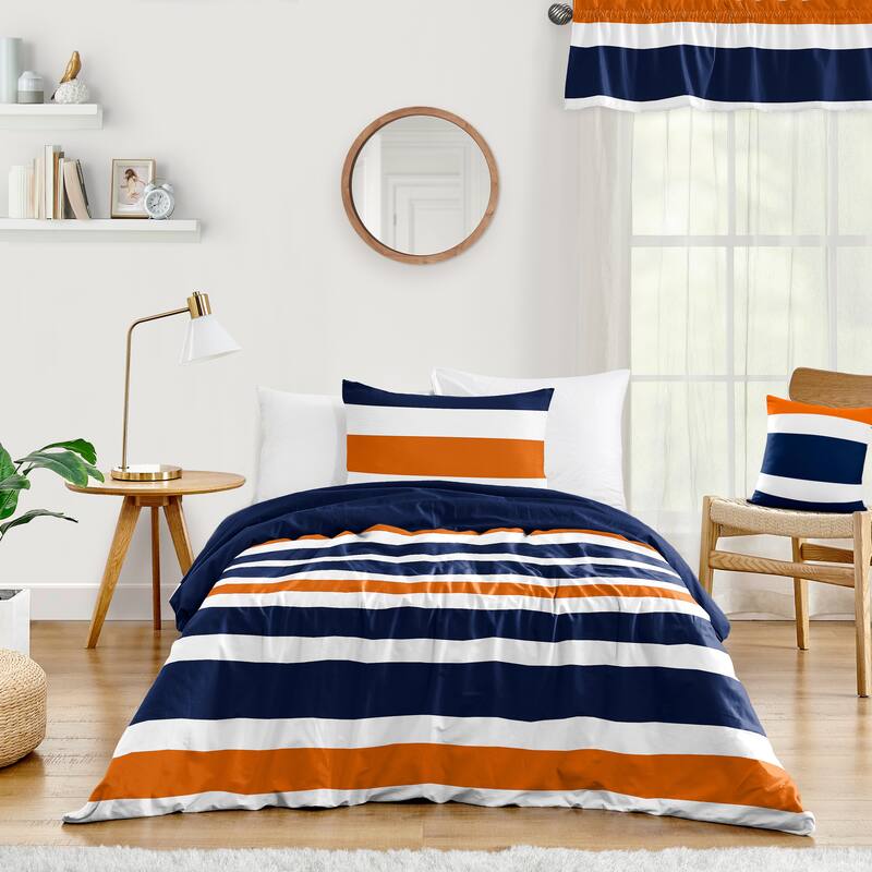 Stripe Collection Boy 2-piece Twin-size Comforter Set - Navy Blue and Orange Modern