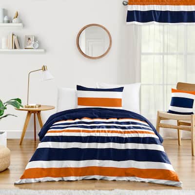 Stripe Collection Boy 2-piece Twin-size Comforter Set - Navy Blue and Orange Modern