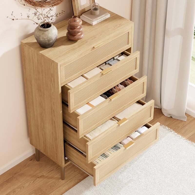 Rattan 5 Drawer Dresser, 44'' Tall Narrow Chest, Farmhouse Vertical Dresser with Metal Legs and Handles