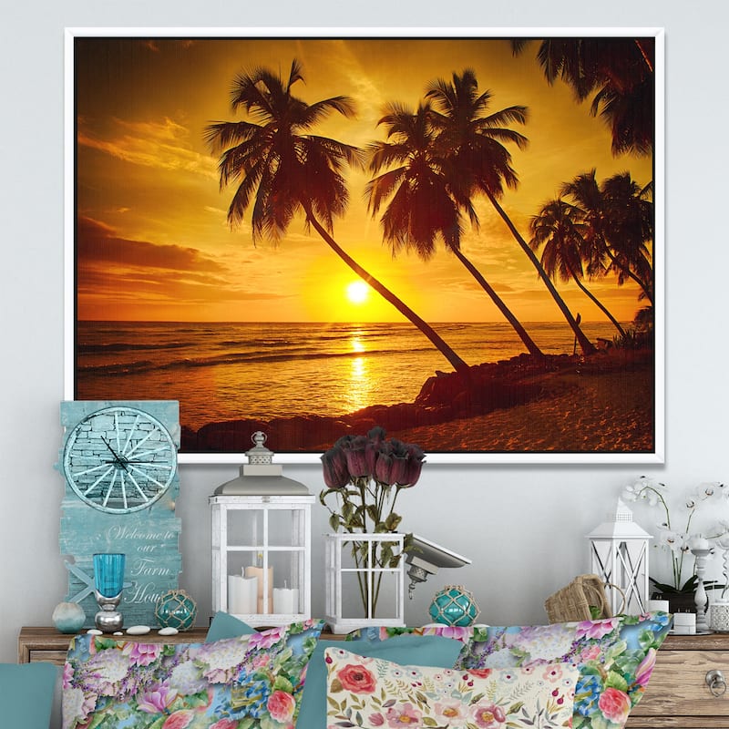 Designart "Beach Sunset in Island Barbados" Modern Seascape Framed Canvas Artwork Print