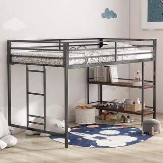 Twin Size Loft Bed black with Wood Shelf for Kids, Ladder and Guardrails