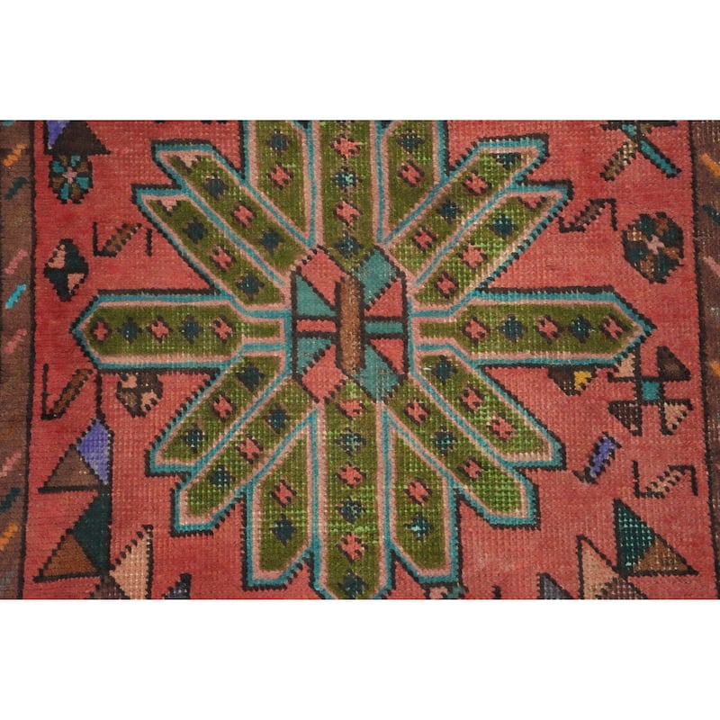Hand Knotted Oriental 100% Wool Carpet Traditional Geometric Pink Heriz Runner Rug - 12' 2'' X 3' 0''