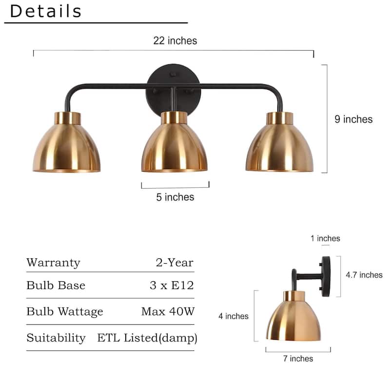 Modern 3-Light Black Gold Bathroom Vanity Lights Metal Wall Sconces
