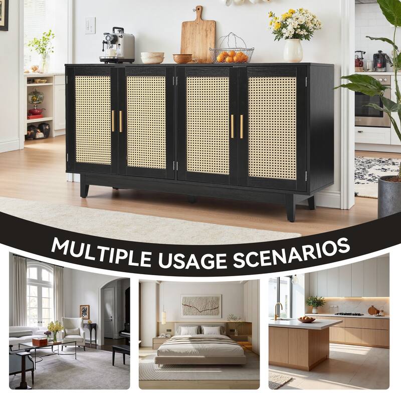 Modern 4 Door Wood Rattan Buffet Sideboard Storage Cabinet