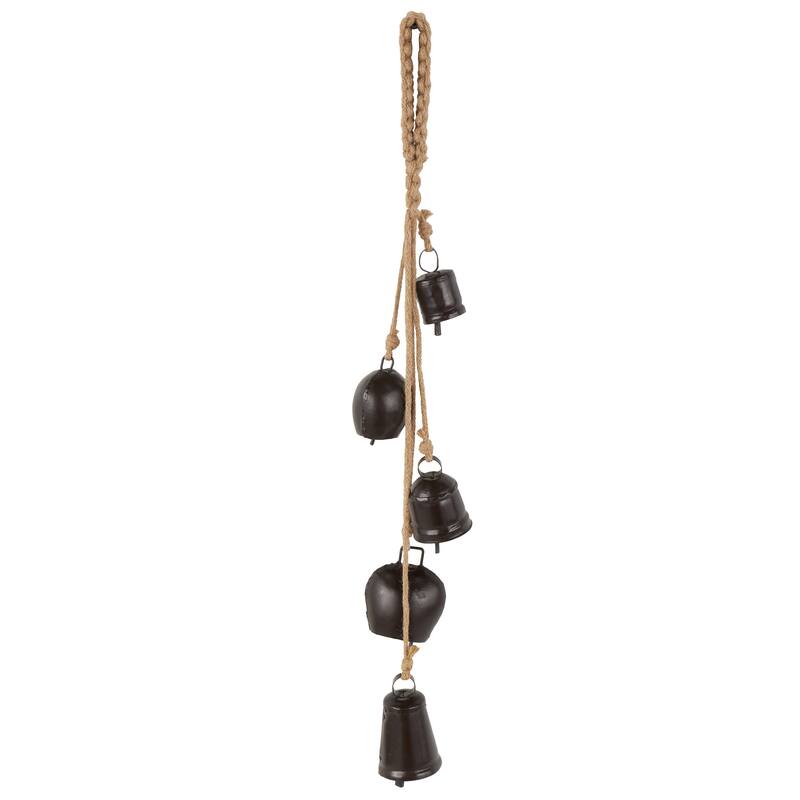 Gold, White or Black Metal Tibetan Inspired Cascading Indoor Outdoor Decorative Cow Bells with 5 Bells on Jute Hanging Rope
