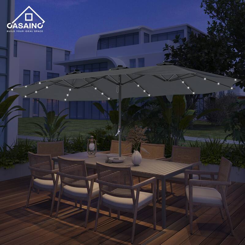 15-ft. Rectangular Crank Double-sided Outdoor Market Umbrella Solar LED Lighted Patio Umbrella with Base Included