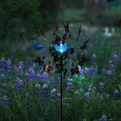 Alpine Corporation 61"H Outdoor Solar Butterfly Metal Wind Spinner Lawn Stake with Color-Changing LED Light