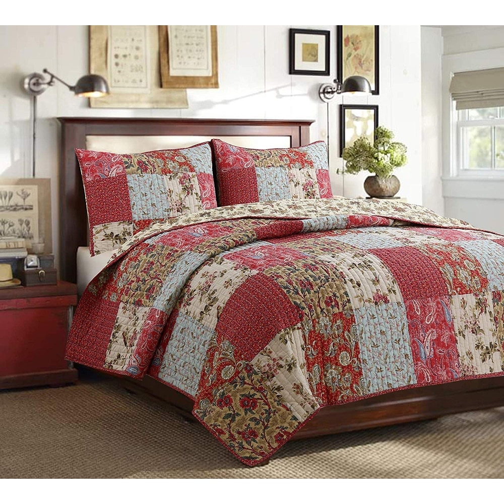 Coverlet Modern Bedspread Quilt 100% Cotton No Polyester Queen Red Swirl 3PC Set 