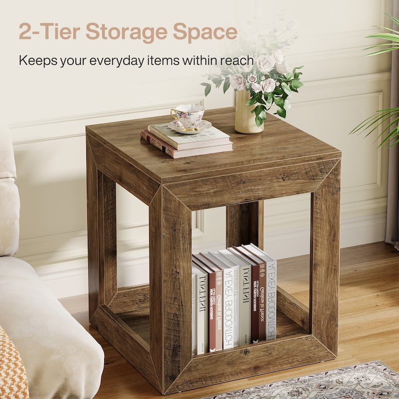 2-Tier Wooden Square End Table for Living Room, Bedroom, Farmhouse Style