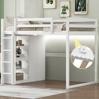 White Full Size Wood Loft Bed with Built-in Wardrobe and Storage Shelves, Led light