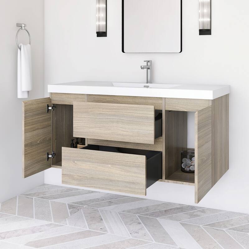 Modern Wall-Mounted Bathroom Vanity with White Solid Surface Top