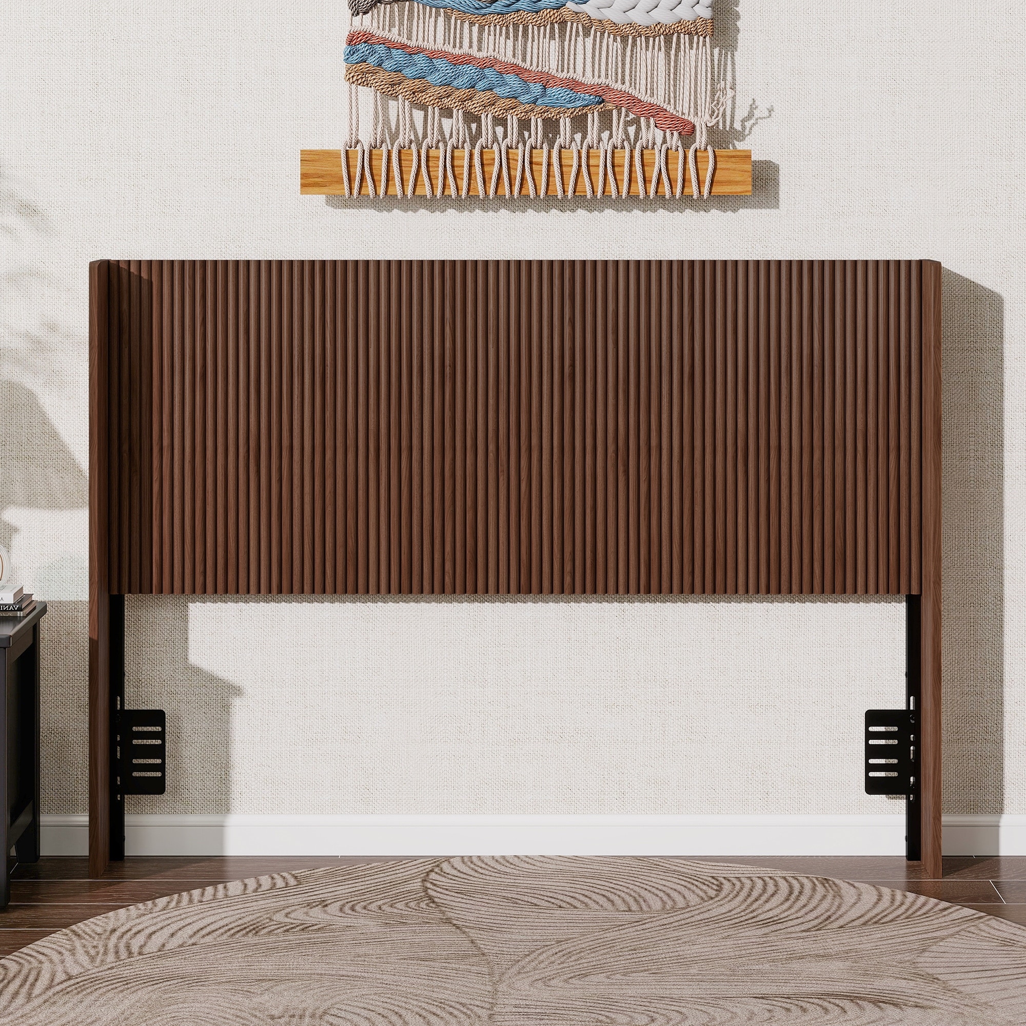 Walnut Fluted Wood Headboard, Vertical Ribbed Freestanding Bed Headboard with Adjustable Metal Brackets, (Queen)