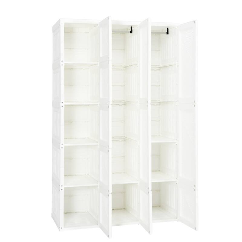 White PP and ABS Foldable Portable Closet with 10 Cubbies, Rods and Magnet Doors - 40.9" x 19.7" x 66.9" (L x W x H)