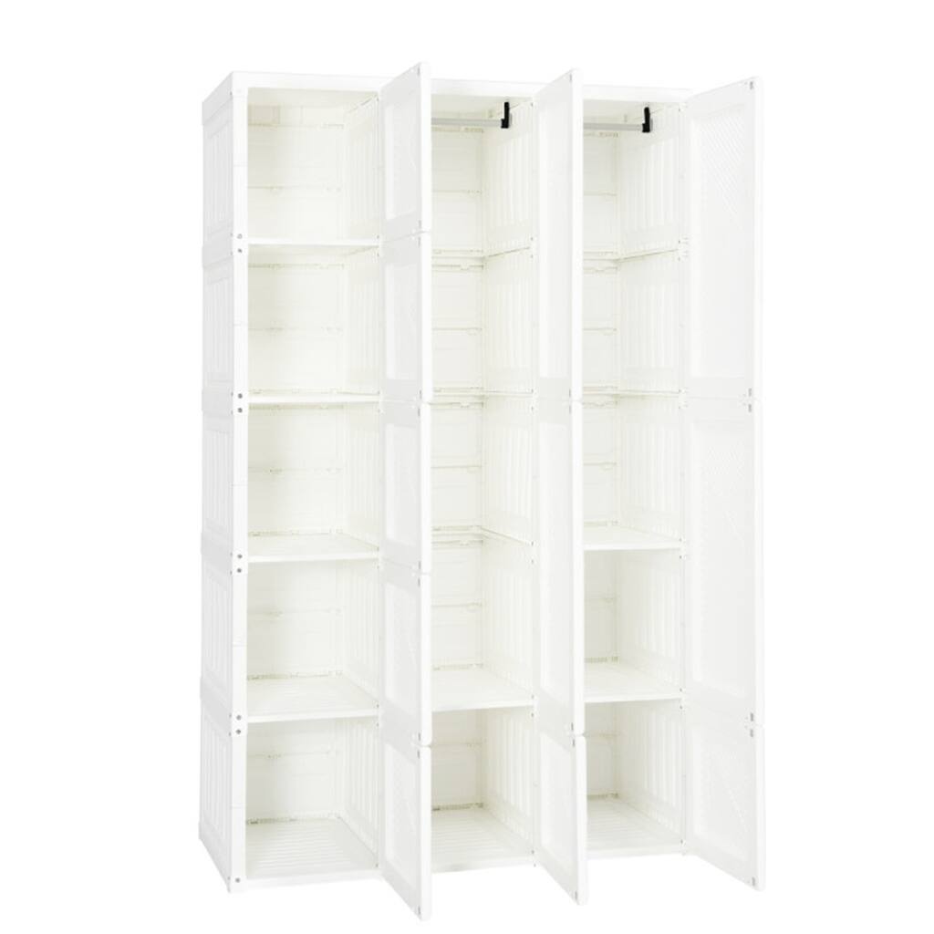 White PP and ABS Foldable Portable Closet with 10 Cubbies, Rods and Magnet Doors - 40.9" x 19.7" x 66.9" (L x W x H)