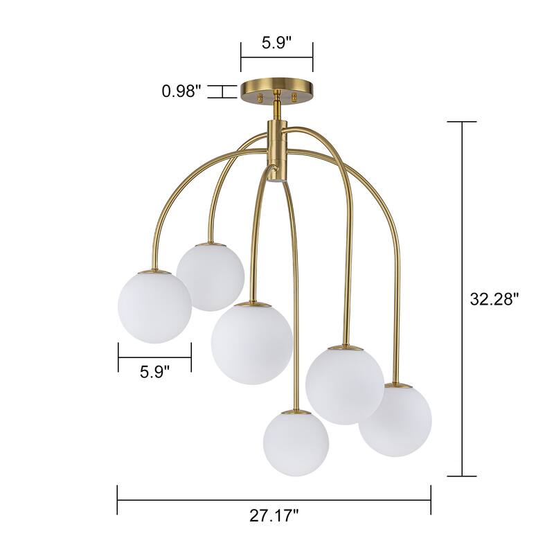 6-Light Brass Semi-Flush Mount Ceiling Light with Opal Glass Globe Shades - 27.2-in W x 32.3-in H