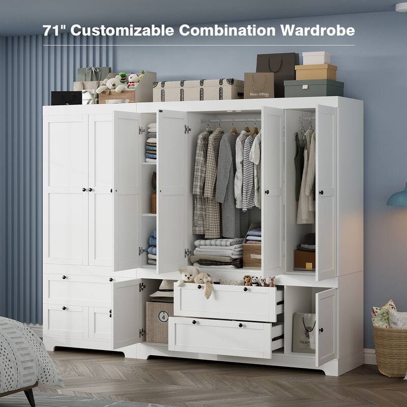 Gyomojoy Large White Wardrobe Closet with Drawers & Doors, Modular Armoire with Hanging Rods, Apartment & Dorm Storage