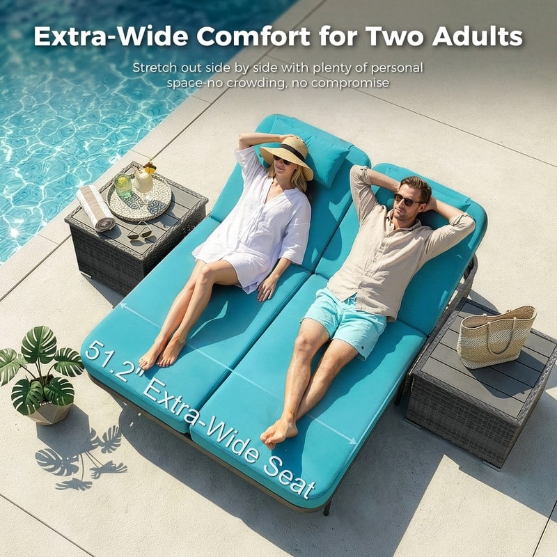 Outdoor Sectional Conversation Set PE Wicker with Double Chaise Lounge, 60,000 BTU Fire Pit Table