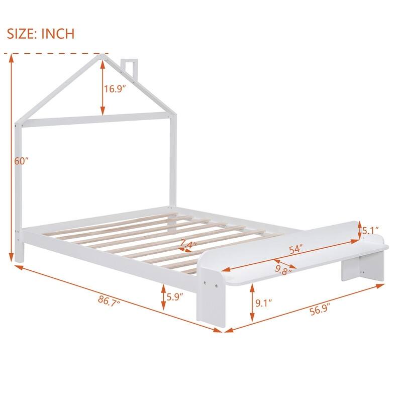 Full Size Wood Platform Bed with House-shaped Headboard and Footboard Bench