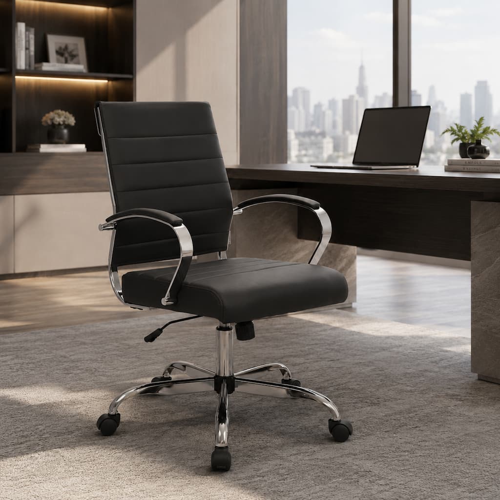 Benmar Ergonomic Office Desk Computer Chair with Ribbed Leather Seat, Swivel, Chrome Frame, and Adjustable Height