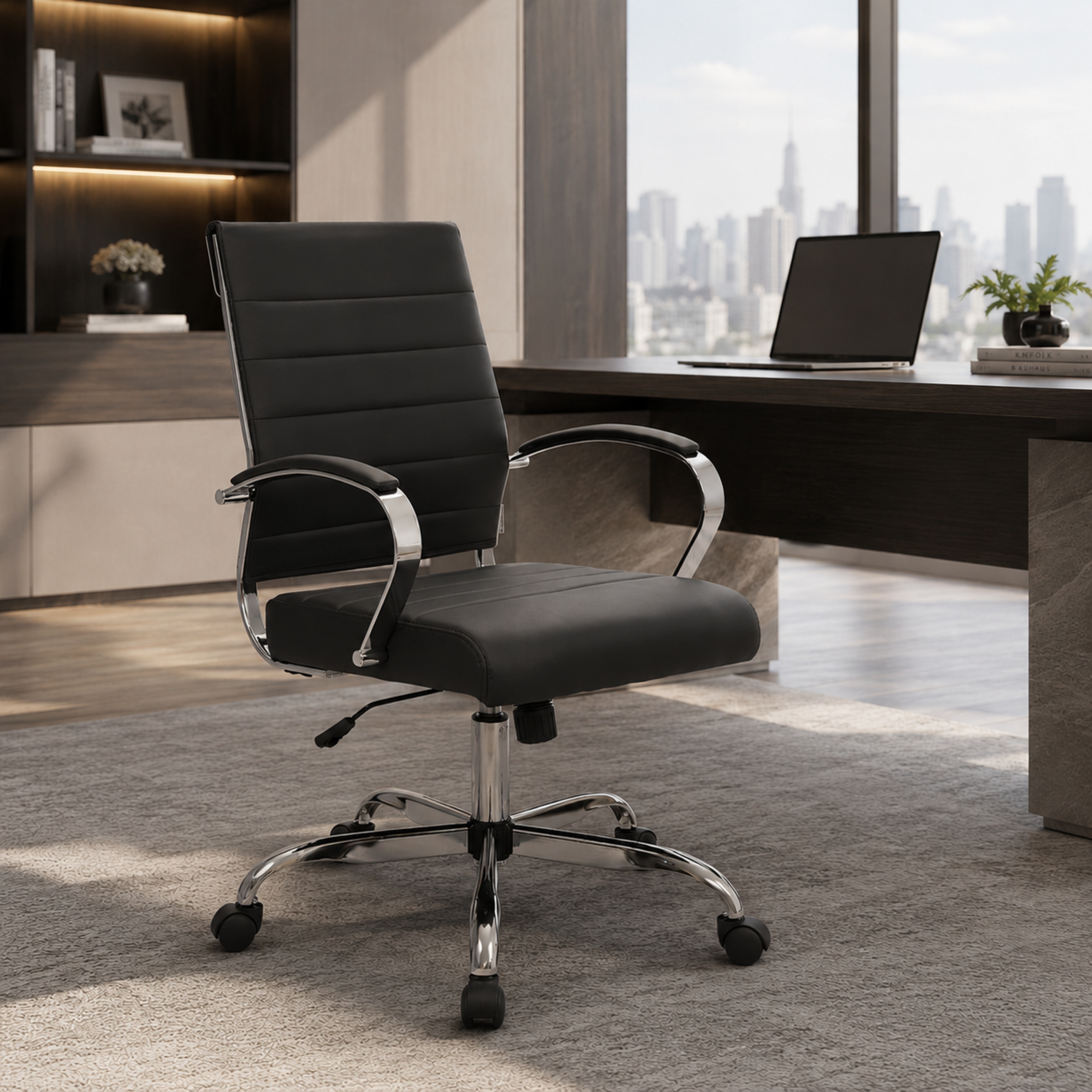 Benmar Ribbed Executive Office Chair - Ergonomic Swivel Desk Chair - PU Leather Padded Chrome Arms Computer Seat