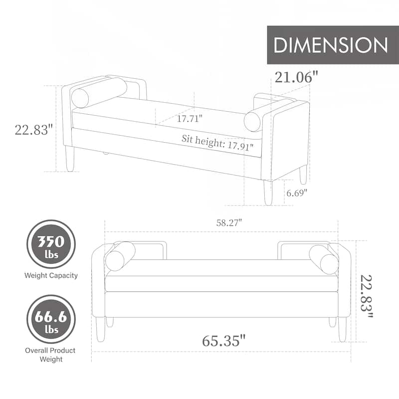 Corduroy Storage Soft Bench with Armrests, Backrest and Two bolster Pillows for Living Room, Entryway and Bedroom