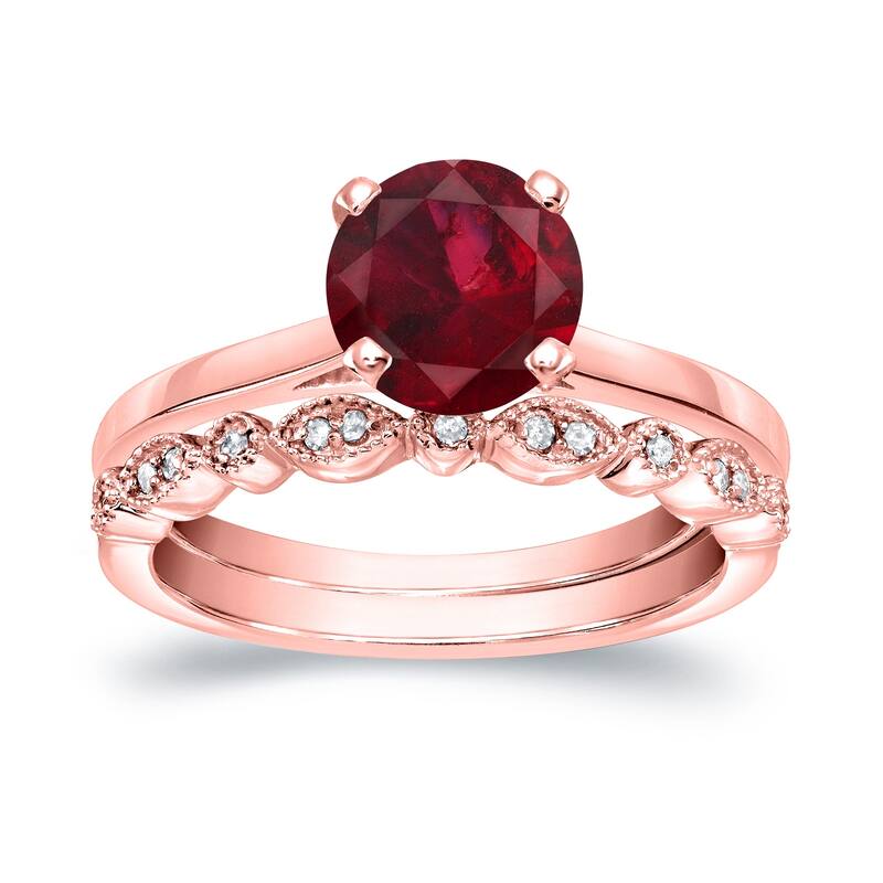 Auriya 14k Gold 1ctw Vintage Solitaire Ruby Engagement Ring Set 1/6ctw