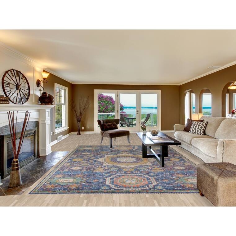Blue Geometric Khotan Oriental Area Rug Handmade Wool Carpet - 8'9"x 11'11"