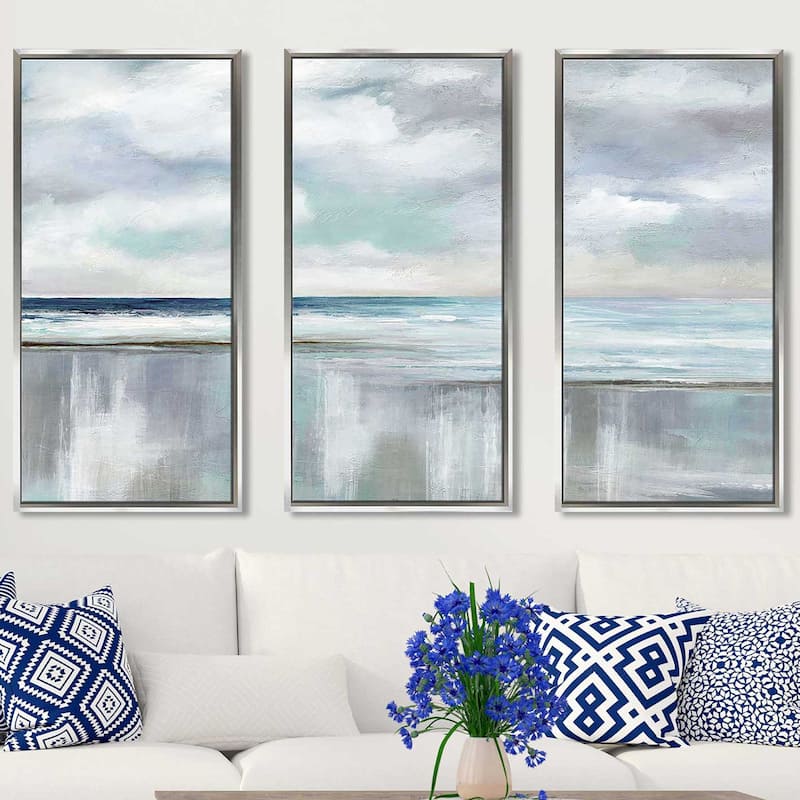 "Cyan Sunrise Nan" Print in Floating Canvas, Set of 3 - Grey
