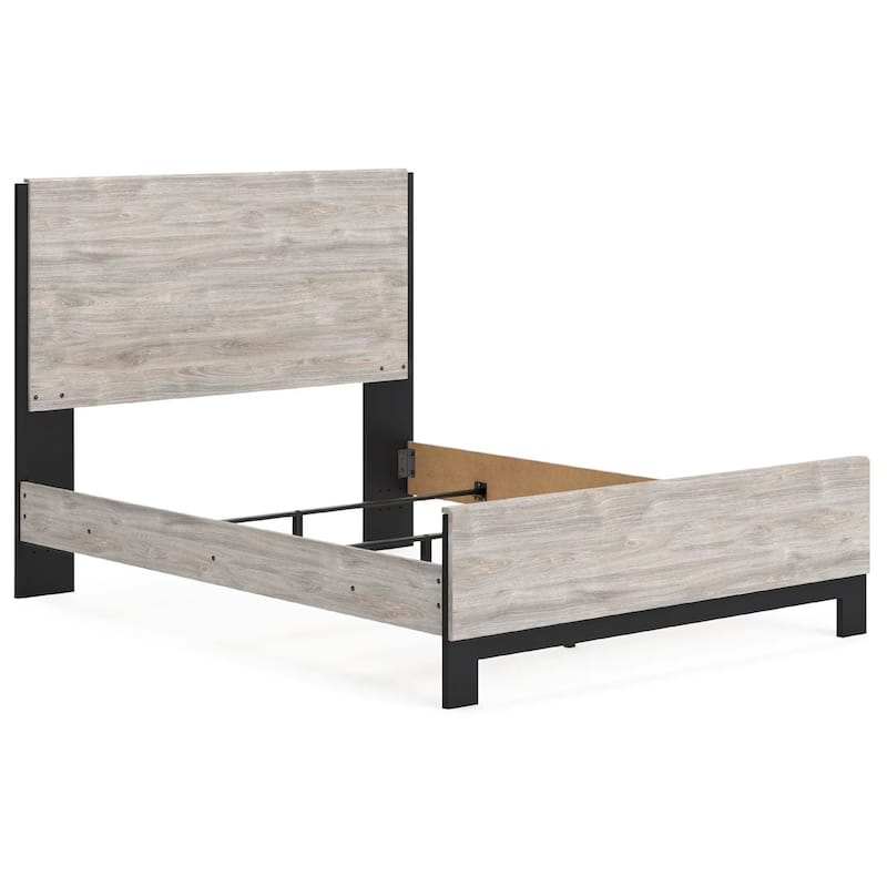 Veso Queen Size Panel Bed with Matte Black Finished Base, Gray Wood