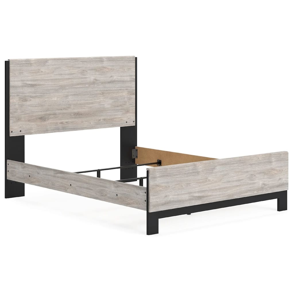 Veso Queen Size Panel Bed with Matte Black Finished Base, Gray Wood