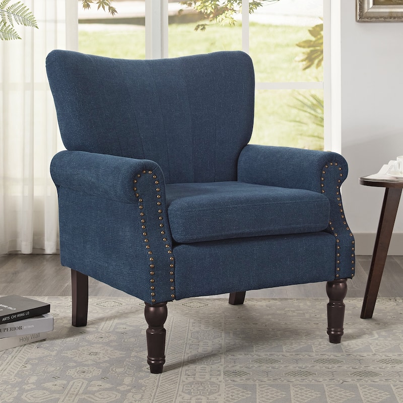 COZYMAN Modern Solid Wood Armchair Upholstered Fabric/Faux Leather Accent Chair for Living Room - Blue/Fabric