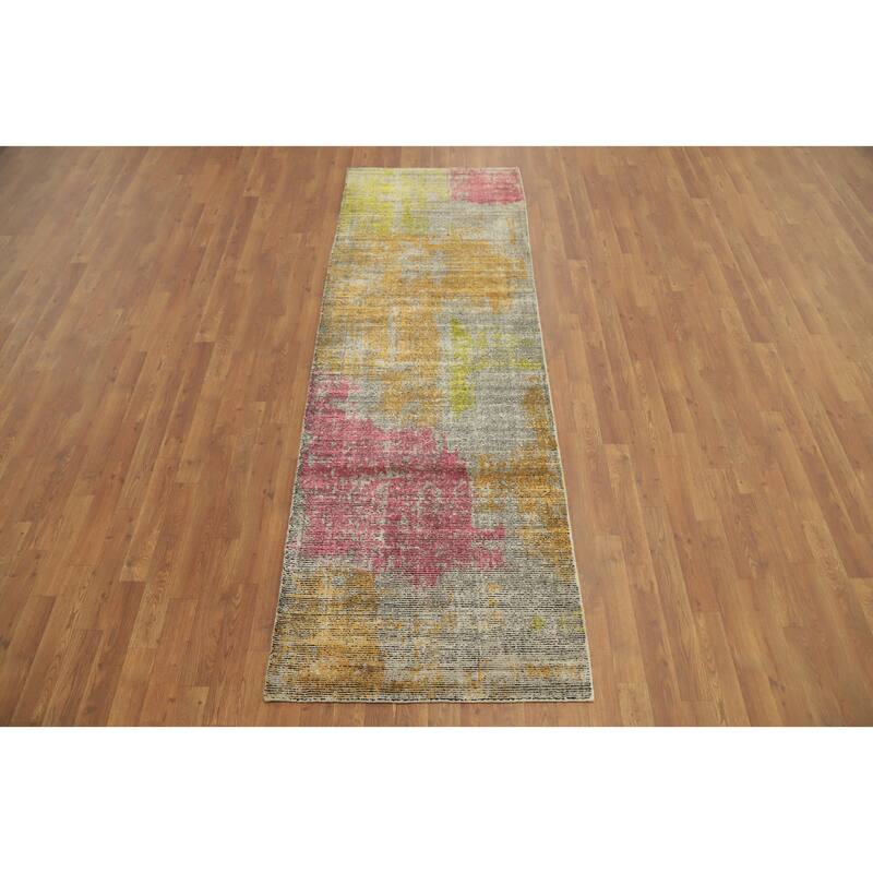 Hand Knotted Oriental Viscose Silk Carpet Modern Abstract Multi-Colored Abstract Runner Rug - 8' 5'' X 2' 10''