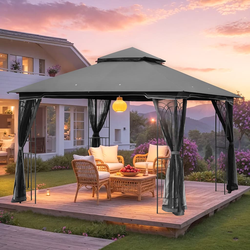 9'X9' Outdoor Steel Gazebo, Double Roof Patio Canopy with Netting, Curtains & Hanging Hooks for Backyard Deck Garden