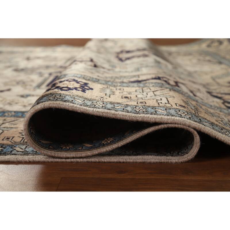Hand Knotted Oriental 100% Wool Carpet Traditional Medallion Beige & Ivories Heriz (serapi) Area Rug - 9' 7'' X 6' 5''