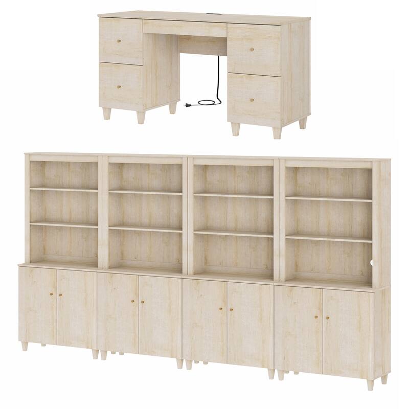 WAMPAT Home Office Furniture Set, 58" Executive Desk with Drawers, 4-Column 71" Tall Bookcase with Doors and Adjustable Shelves