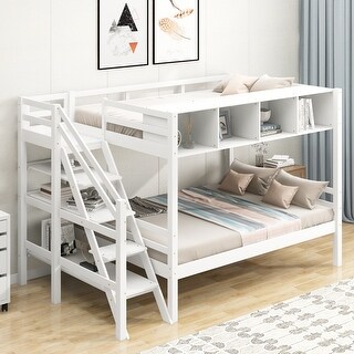Twin over Full Pine Wood Bunk Bed with Storage Staircase and Built-in ...